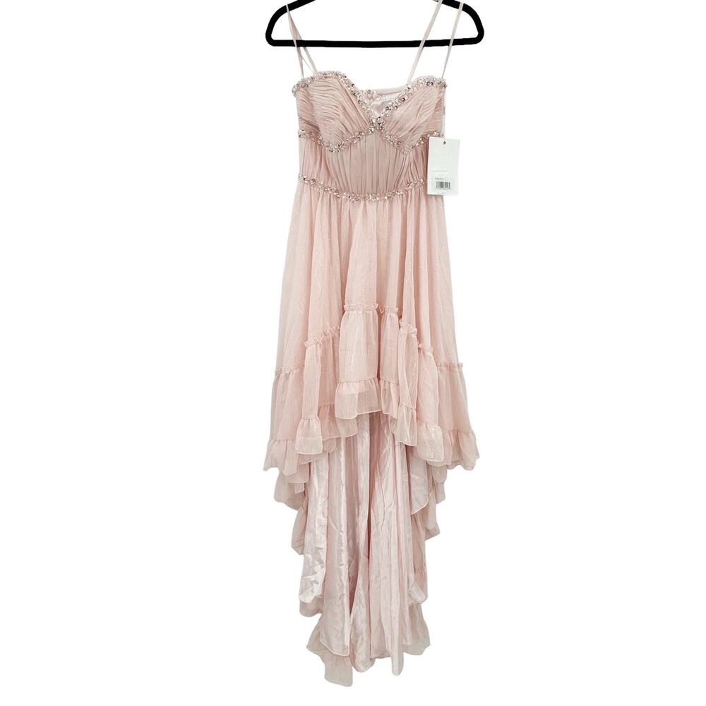 Mac Duggal Beaded Ruffle High Low Prom Gown in Ice Pink Size 4 NWT - Picture 9 of 12